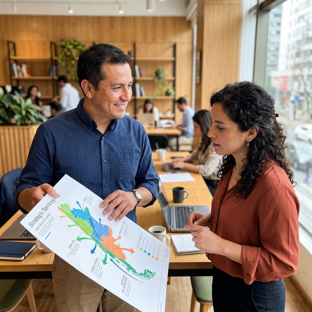 Consultor senior y cliente analizando mapa estrategico