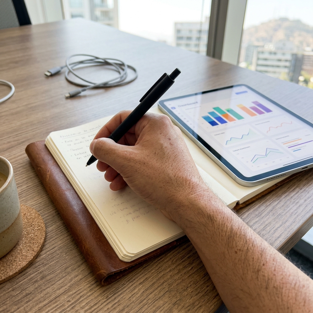 Notebook de cuero y tablet con dashboard de KPIs