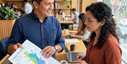 Consultor senior y cliente analizando mapa estrategico