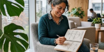 Profesional con flujograma estrategico en lounge moderno