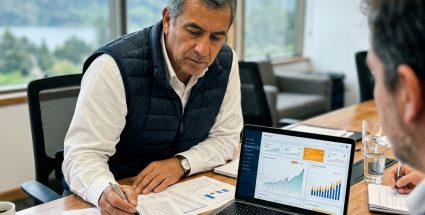 Líder empresarial evaluando documentos financieros