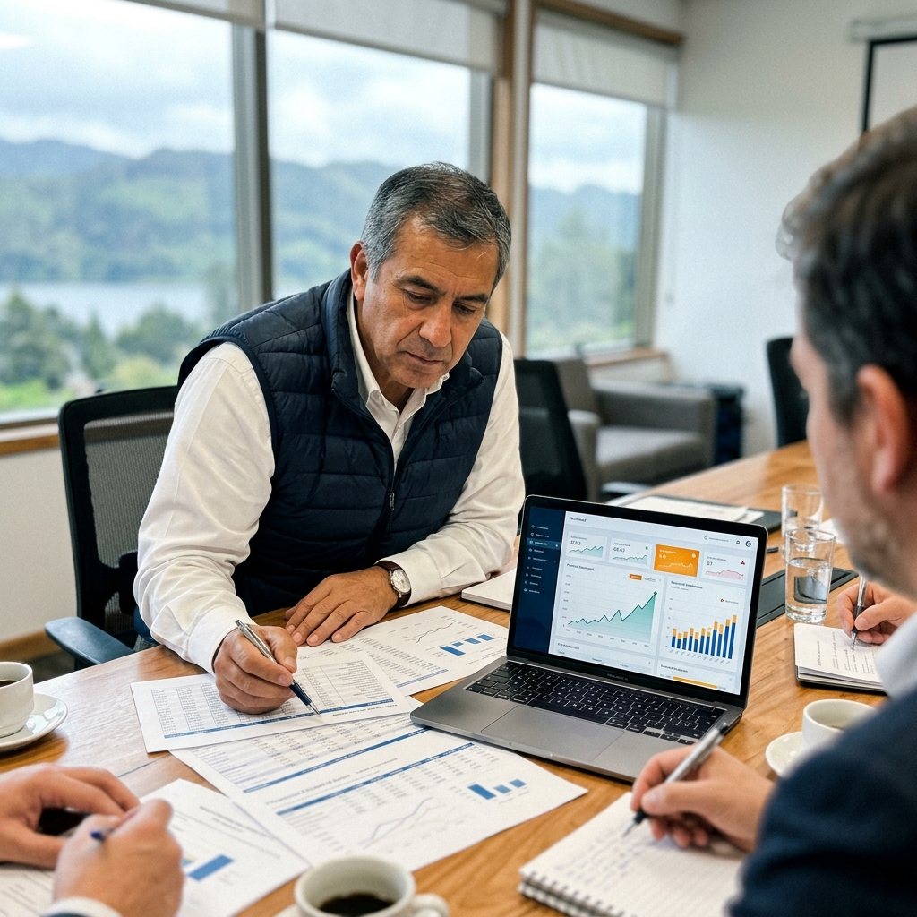 Líder empresarial evaluando documentos financieros